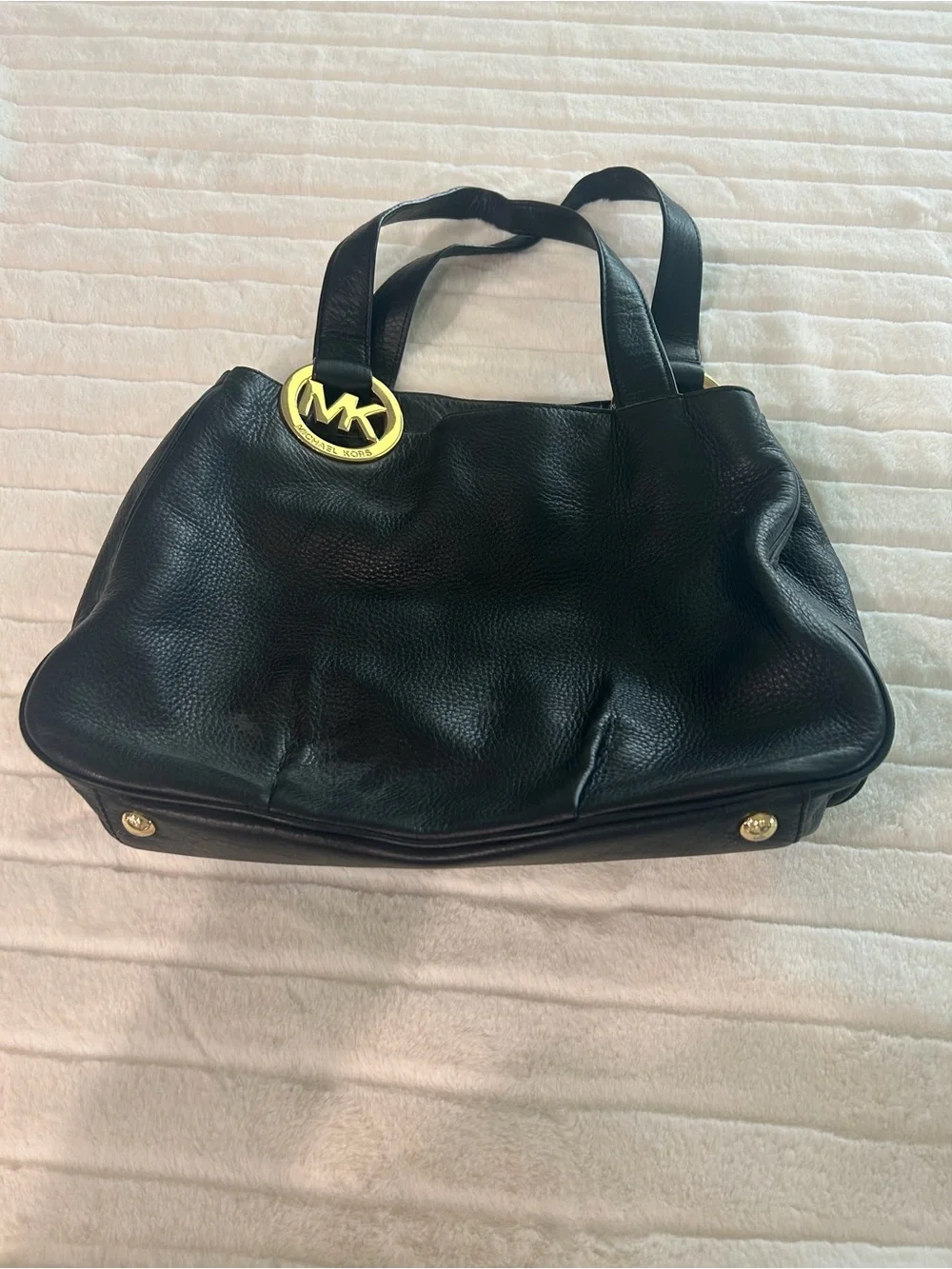 Michael Kors Black Leather Shoulder Tote with Gold MK Charm